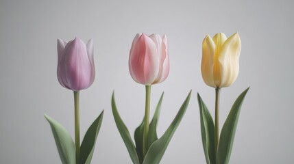 Fototapeta premium Three pastel-colored tulips in a narrow vase, set against a plain white background, highlighting their elegance.
