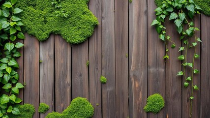 Moss covered wooden panel with lush greenery and vines, natural elements, earthy vibe