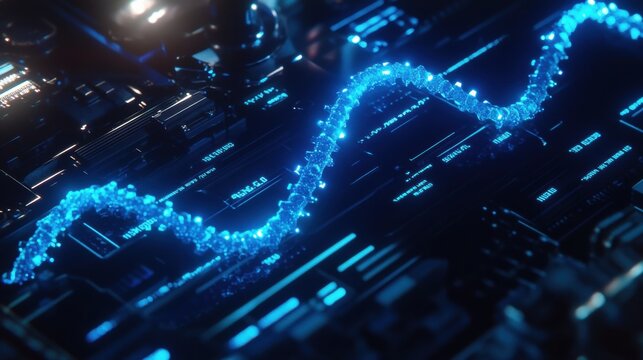 A detailed digital representation reveals the complex structure of DNA, showcasing its blue strands and genetic information processing. Generative AI