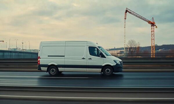 White Delivery Van Moving Quickly on a Highway with City Skyline in the Background, Urban Scene with Construction Cranes and Clear Blue Sky