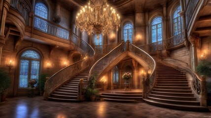 Obraz premium Grandiose Wooden Staircase in an Elegant Mansion
