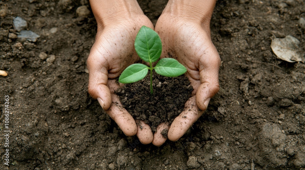 Poster two hands gently hold a small seedling with vibrant green leaves, showcasing the dedication to nurtu