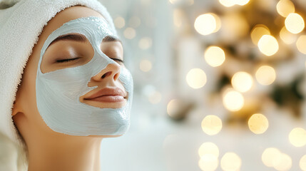woman enjoys relaxing face mask treatment in soft ambient lighting
