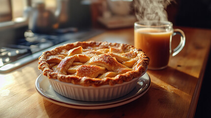 A close-up of a freshly baked apple pie with a lattice crust and a sprinkle of sugar on top, placed on a wooden table with apples and cinnamon sticks surrounding it.
