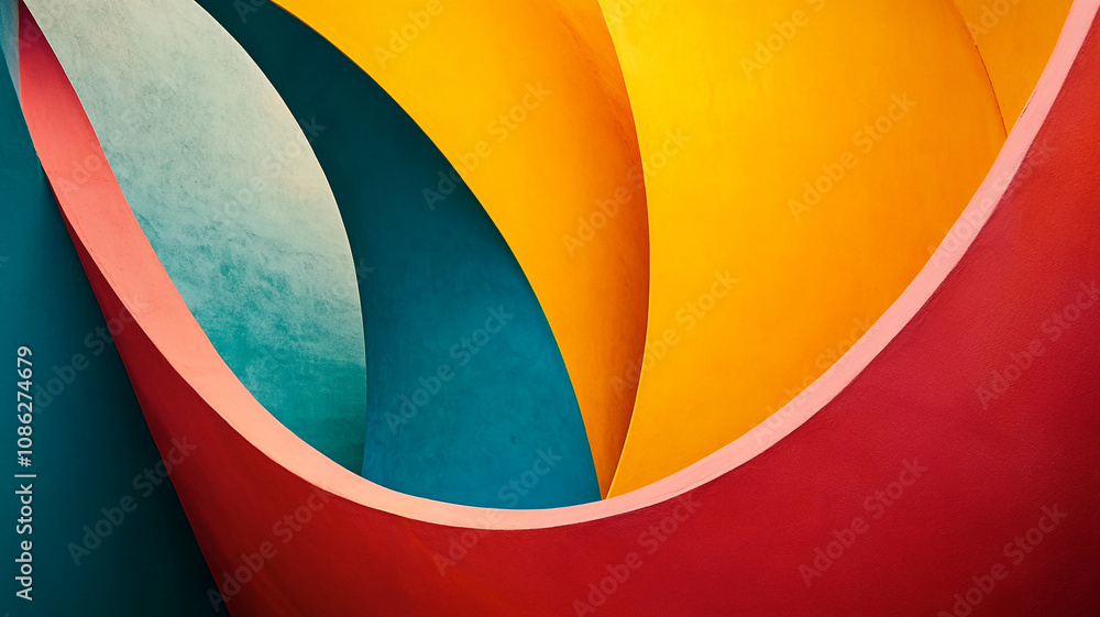 Poster colorful curved walls create a vibrant abstract design in a modern architectural setting