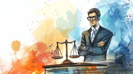 Cartoon Lawyer with Scales in Abstract Background