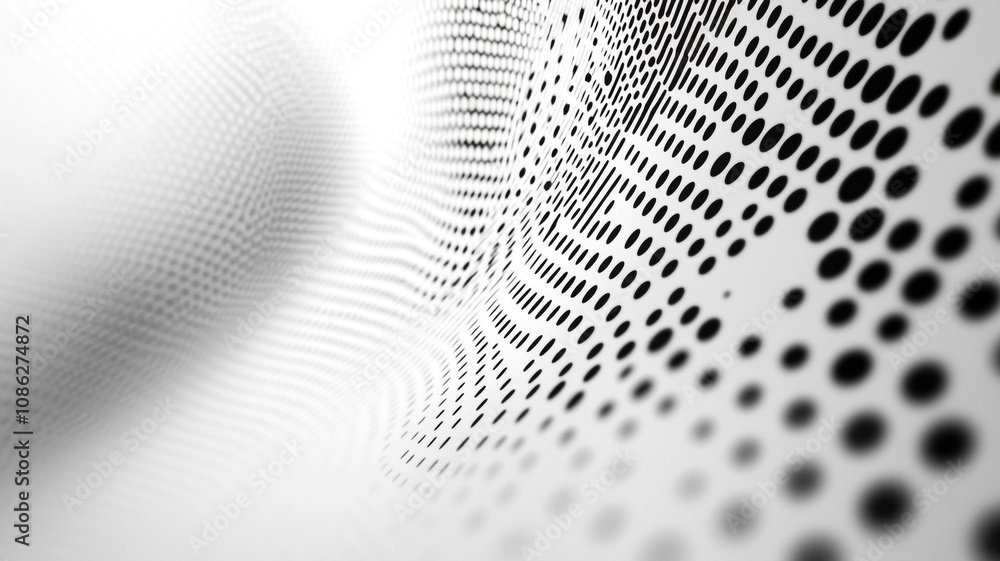 Poster abstract black and white pattern with dots creating a wave-like design on a smooth surface