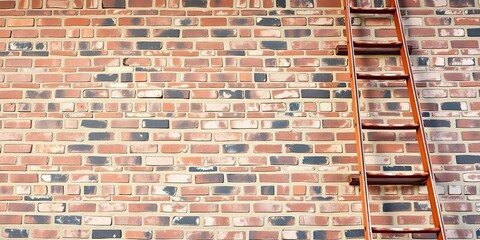 Rusted metal ladders leaning against a brick wall, urban landscape, concrete structures
