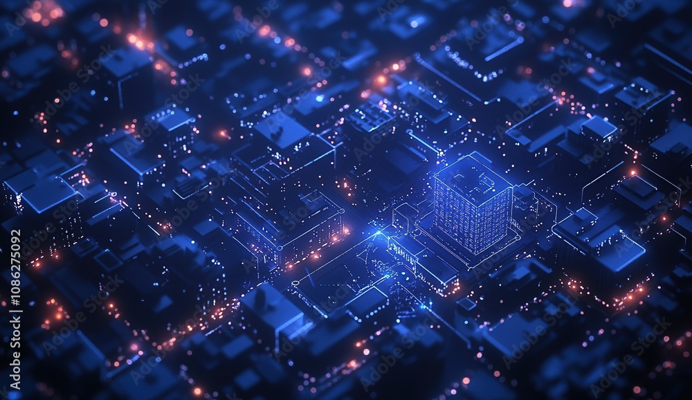 Poster abstract digital cityscape with glowing lights and intricate network of lines.