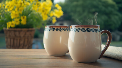 Pair of handmade cups with hot drink on wooden table, blurred garden background
