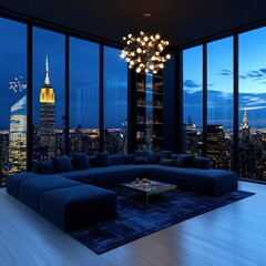 Nighttime Luxury Lounge with Stunning New York Skyline and Empire State Building View in High-Rise Real Estate Property