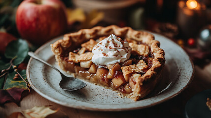 A close-up of a perfectly baked apple pie with a flaky crust and a spoonful of whipped cream on top, sitting on a ceramic plate with autumn-themed decor in the background.
