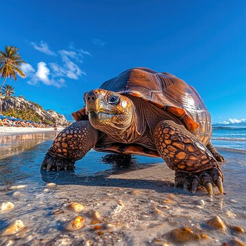 Giant Tortoise on Beach with Palm Trees at Curieuse Island Wildlife Conservation in Seychelles Islands