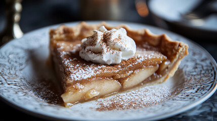 A close-up of a slice of apple pie with a golden crust and a rich filling, served with a dollop of whipped cream and cinnamon sprinkled on top.