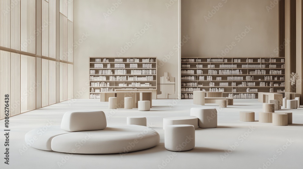 Poster a geometric architectural model of a library, featuring large open spaces and minimalist furniture i