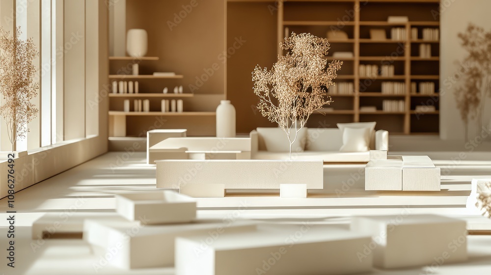 Poster a geometric architectural model of a library, featuring large open spaces and minimalist furniture i