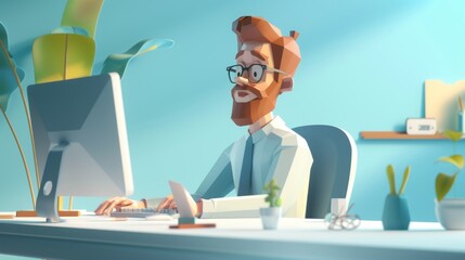 Minimalist 3D Cartoon of a Man at Computer Desk