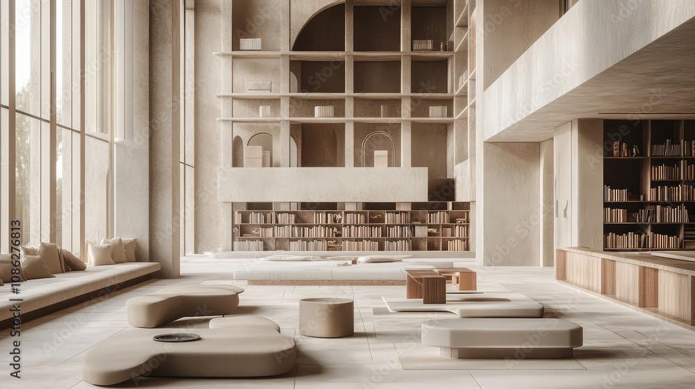 Poster a geometric architectural model of a library, featuring large open spaces and minimalist furniture i