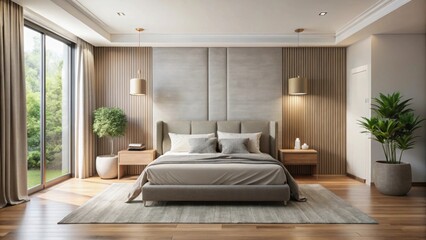 Fototapeta premium Modern bedroom interior with minimalist design and neutral color palette, modern, bedroom, interior, minimalist, design