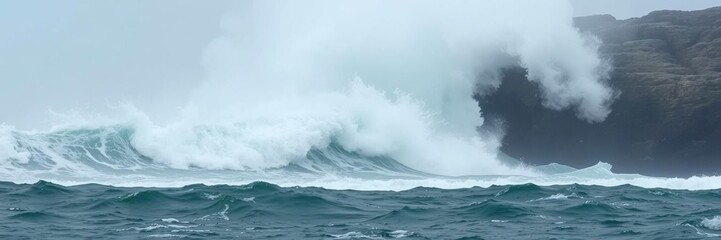 The ocean's fury is unleashed as a powerful wave crashes against the rocks, creating a misty veil that rises high into the air, coastal erosion, foamy water, salty ocean