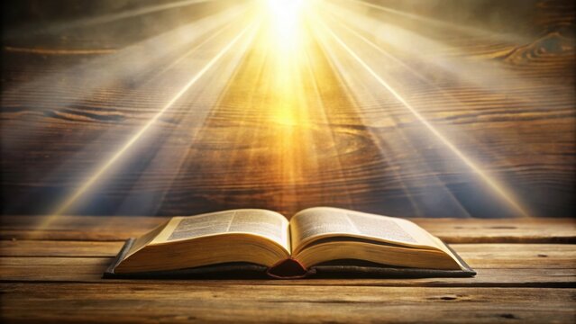 Glowing bible open to Malachi on wooden surface with rays of light , glowing, bible, Malachi, wooden, surface, rays, light, spiritual