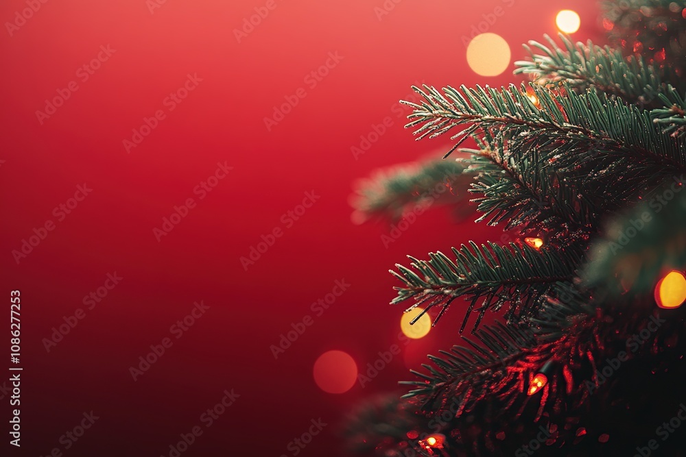 Poster close-up of evergreen tree branch with bokeh lights against red background.