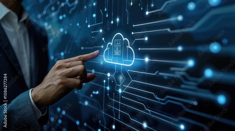 Poster businessman touching cloud computing icon network for internet storage network, ai generated image