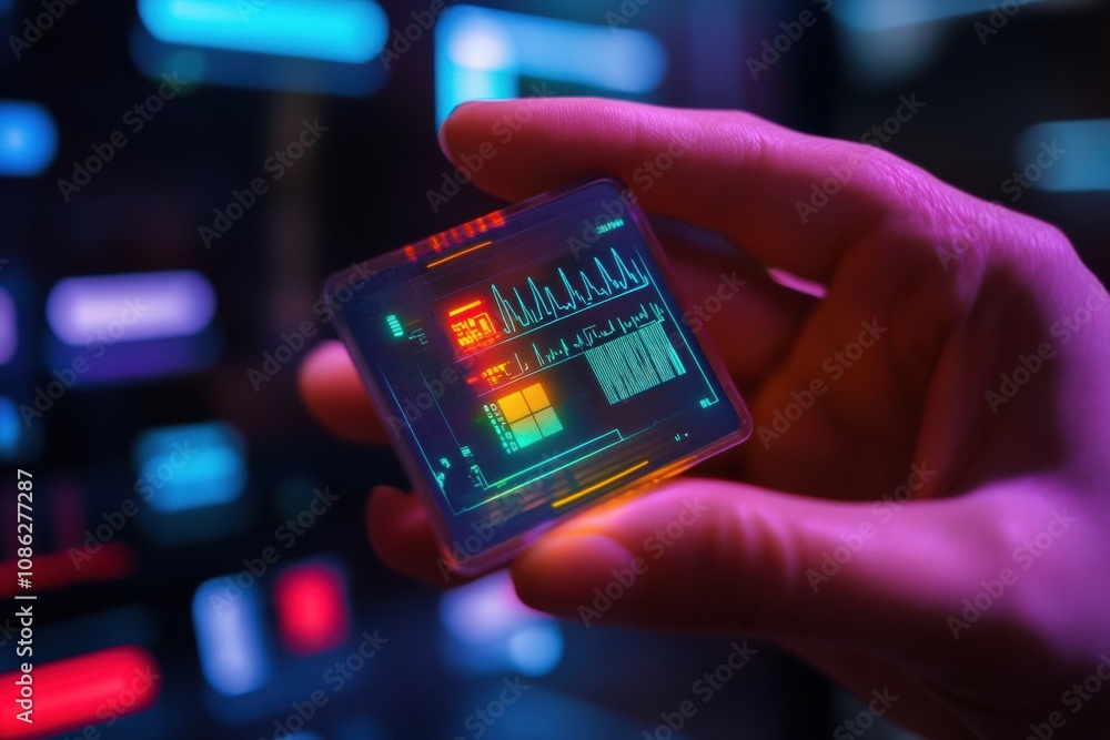 Poster A person is holding a micro biochip displaying colorful health metrics on a holographic screen in a futuristic environment. Generative AI