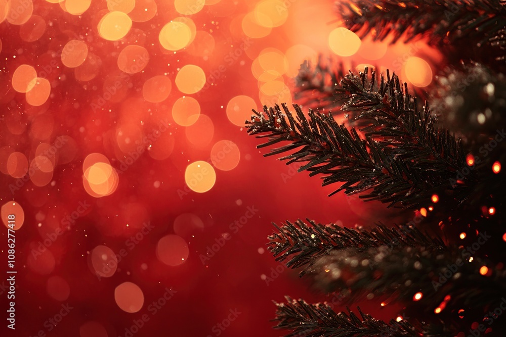 Poster a close-up of a pine tree branch with red bokeh lights and falling snow in the background.