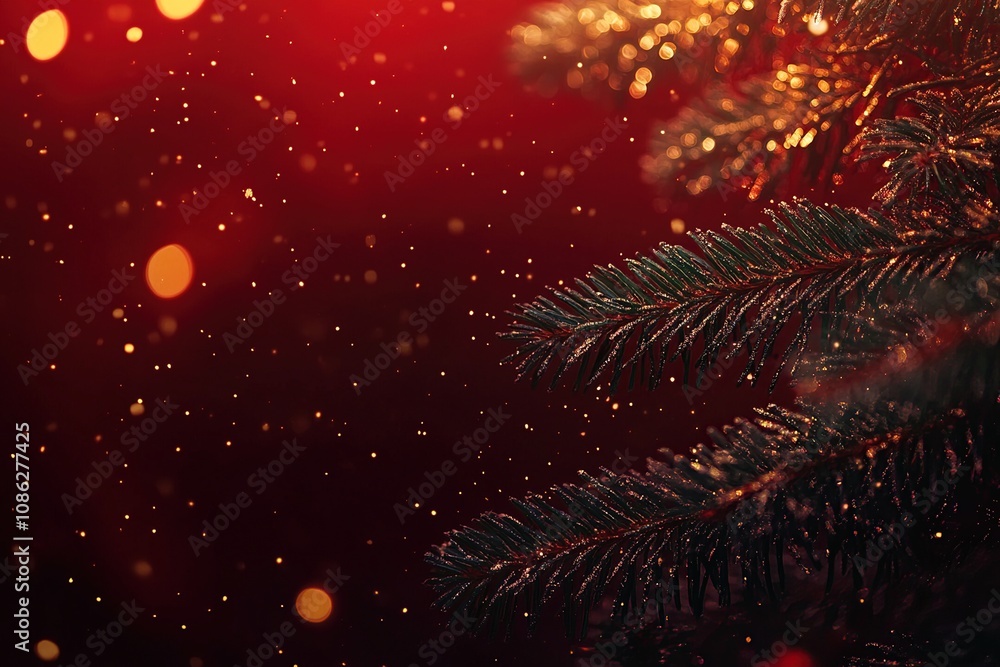 Poster close-up of a pine branch with bokeh lights and snowflakes on a red background.