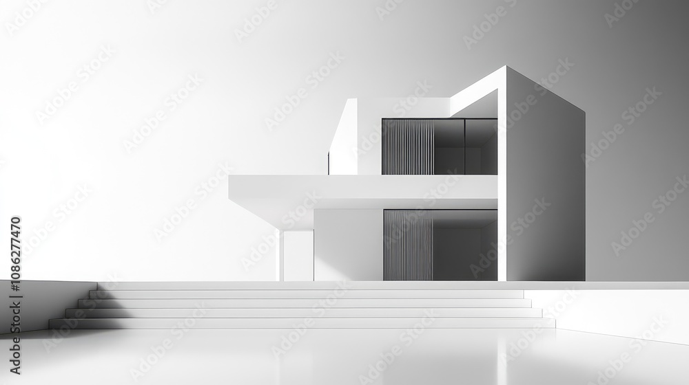 Poster a sleek, minimalist model of a modern house on a white surface, emphasizing clean lines and open spa