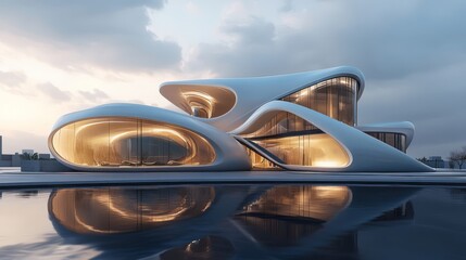 Obraz premium Modern futuristic architecture home with curved design and reflective pool in front.
