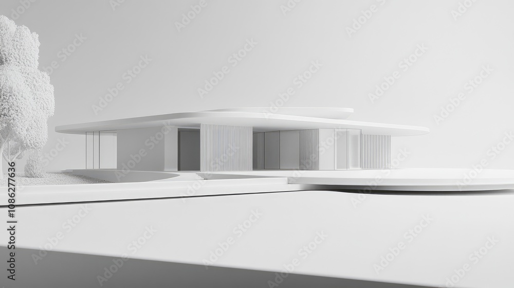 Poster a sleek, minimalist model of a modern house on a white surface, emphasizing clean lines and open spa