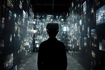 Fototapeta premium Illustration - Person in VR Headset Exploring Virtual City