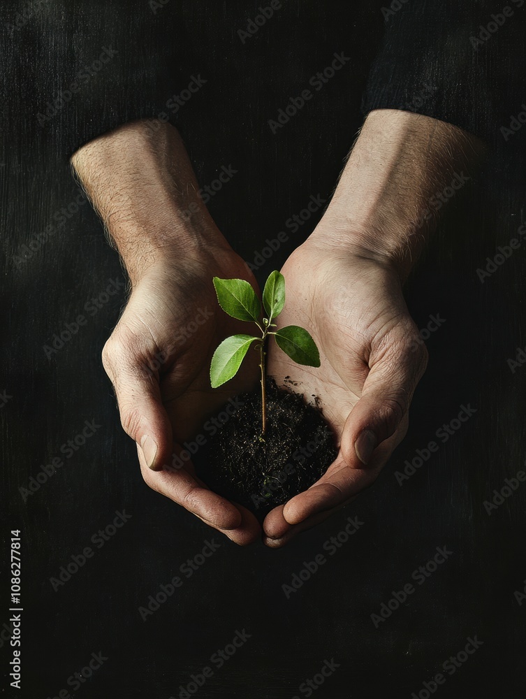 Aufkleber two hands cradle a small green seedling surrounded by soil, representing tenderness and commitment t