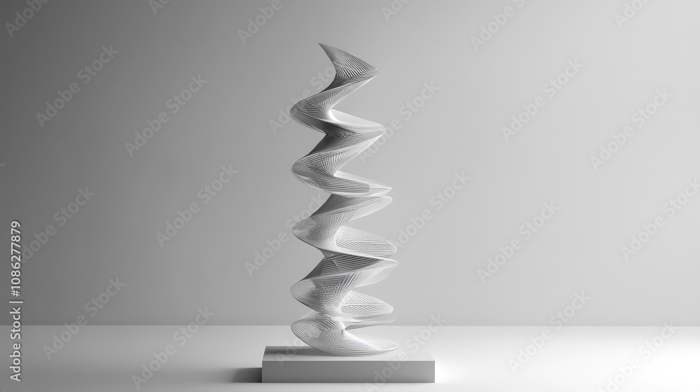 Poster a sleek model of a tower with a spiral design, displayed on a plain background to emphasize its mini