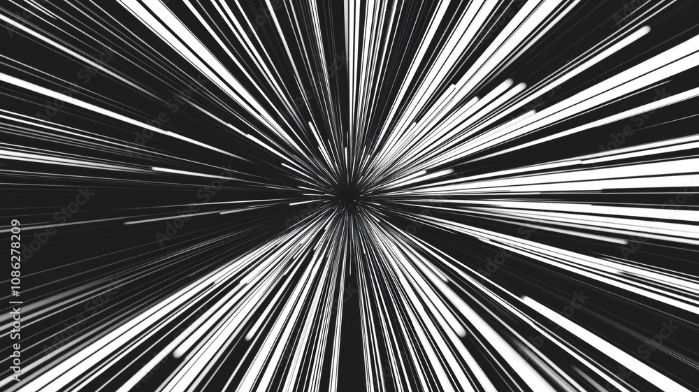 Poster dynamic black and white burst effect created by streaks of light emerging from a central point
