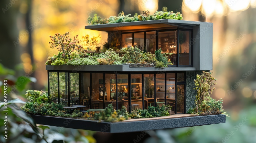 Poster a tiny architectural model of a cafe with a rooftop garden, presented in natural light to highlight 