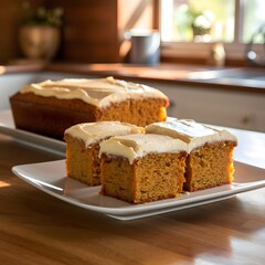 Freshly Baked Homemade Carrot Cake with Frosting on a white plate on a Kitchen Counter. Sweet treat coffee break. 