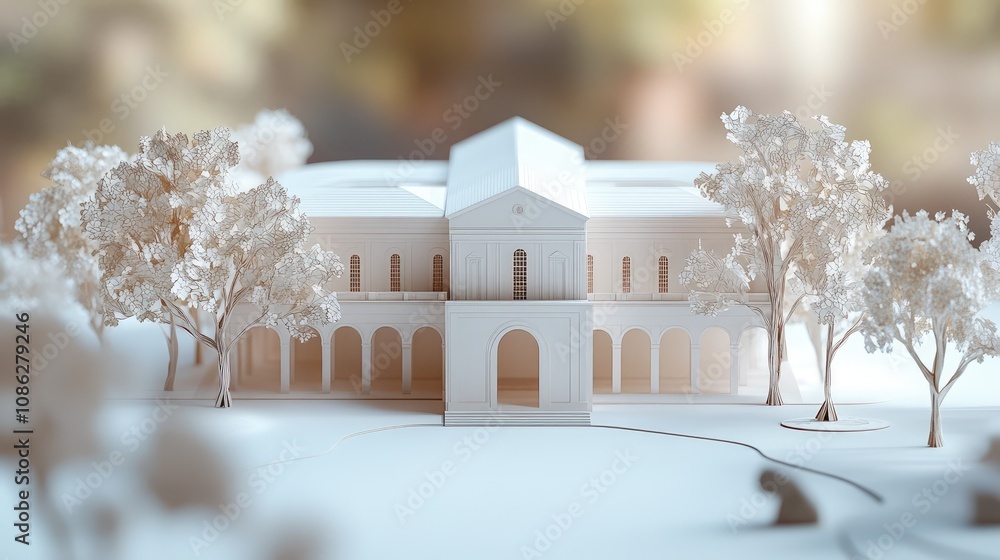 Poster an intricate paper model of a historical building, emphasizing clean edges and minimalist detailing 