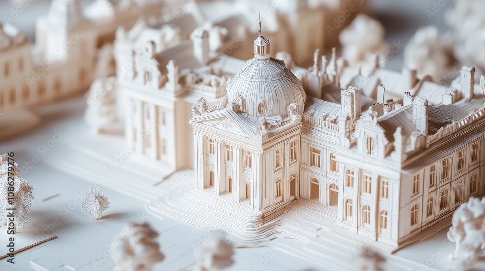 Poster an intricate paper model of a historical building, emphasizing clean edges and minimalist detailing 