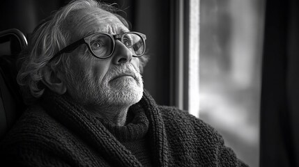 Fototapeta premium Pensive elderly man in glasses looks out window.