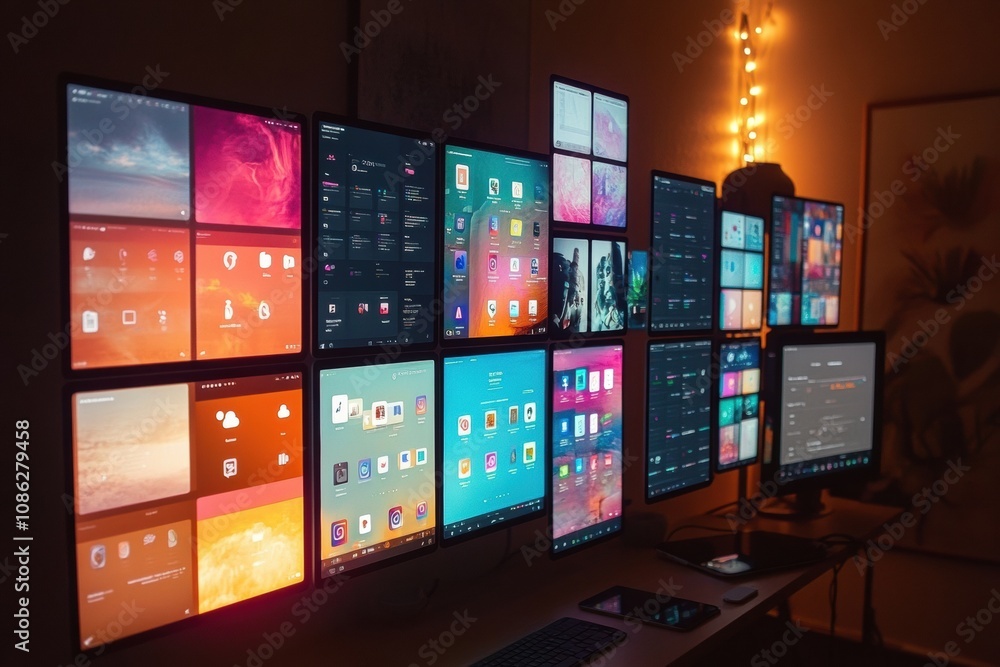Poster Multiple screens display vibrant interfaces of social media applications in a modern workspace, creating a dynamic digital atmosphere. Generative AI
