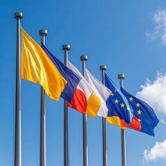 EU Flags on Poles at Strasbourg Parliament - Blue Sky Background - European Union Web Banner