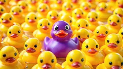 Purple rubber duck stands out among yellow rubber ducks in a playful bath time scene, rubber duck, floating, purple, yellow