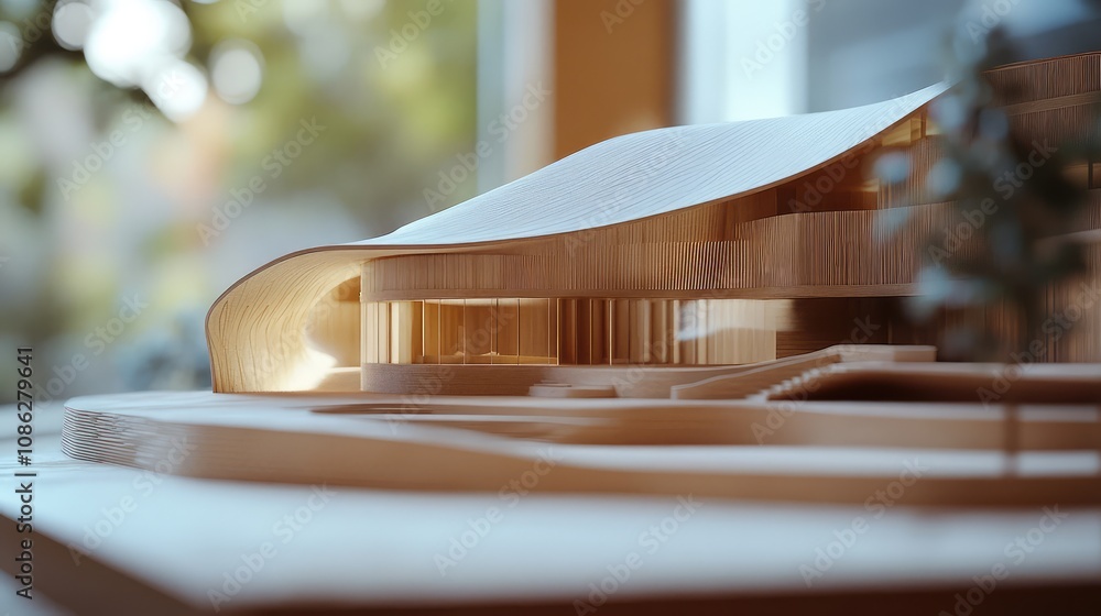 Poster close-up of a sculptural architectural model, focusing on its unique features and the interplay of l