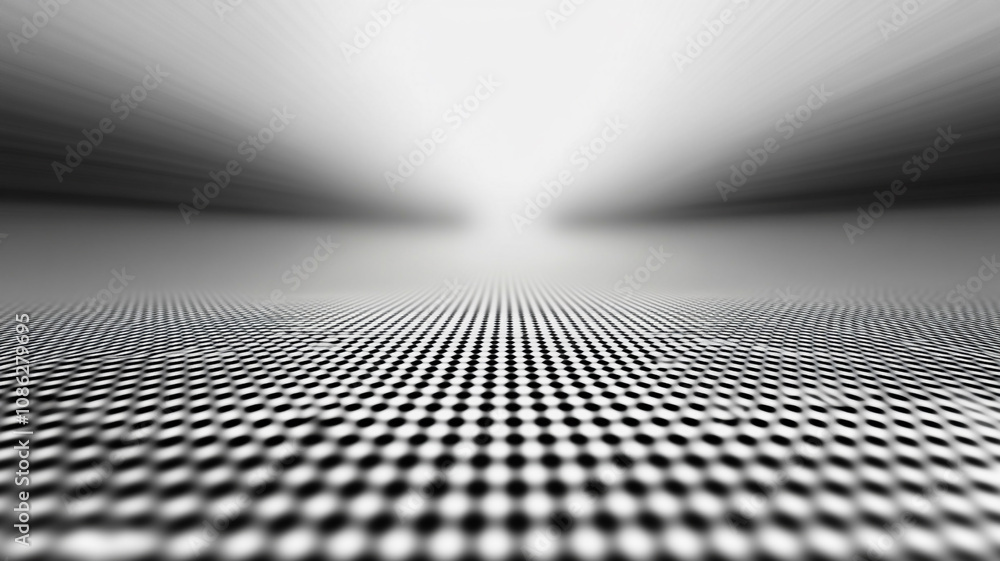 Poster abstract black and white pattern with dots creating a sense of depth and light at the horizon