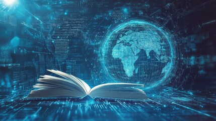 Futuristic global education with open book and planet map on blue background