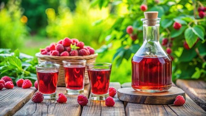 Homemade red raspberry brandy in glasses and a bottle on a wooden table in a summer garden closeup , red, raspberry
