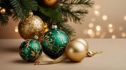 Christmas green leaves and gold ornaments - generative ai